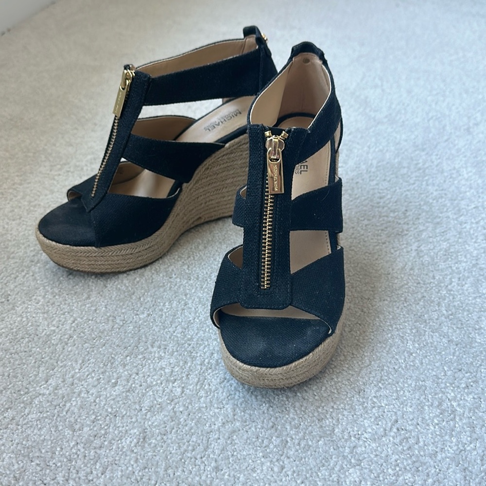 Michael Kors wedged heeled sandals, black canvas and rafia.